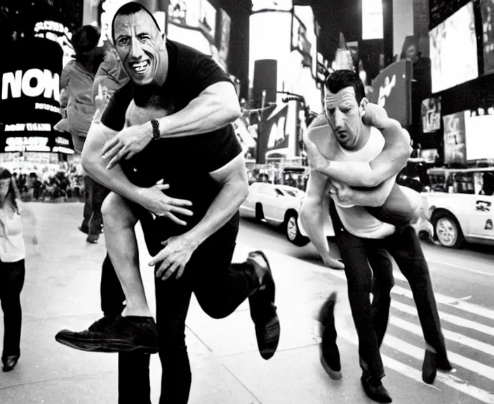 Image similar to The rock piggyback on Adam Sandler on Methamphetamine at Times Square, photograph by Alfred Eisenstaedt, 4K, dramatic lighting; 4K 8K