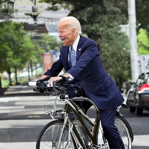 Image similar to full body shot ultra realistic photo of joe biden falling off of his bike, film, perfect face, in the style of a candid photo, perfect face