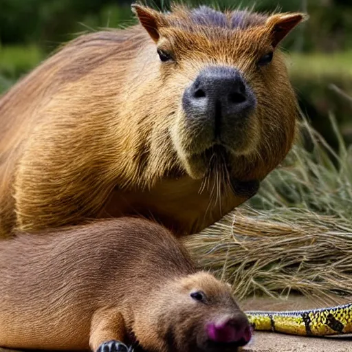 Image similar to a large snake eating a capybara,