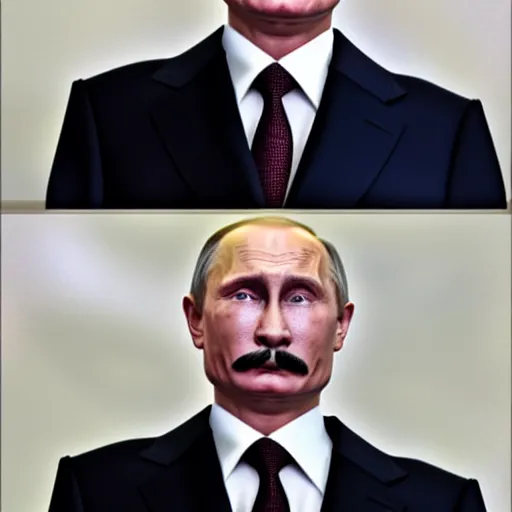 Prompt: vladimir putin with a hitler mustache and outfit