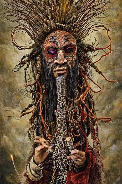 Image similar to a high hyper - detailed painting with complex textures, of an oriental shaman with tangled hair and a terrifying mask, wears a tunic vs. barefoot and has a cane, he is performing a ritual to access the world of imagination and dreams, cosmic horror spiritual visionsrio psicodelico weird bizarre art