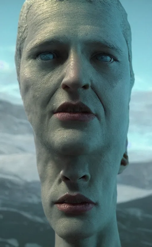 Image similar to extremely detailed cinematic movie still 3 0 7 7 portrait shot of a god of love 2 5 years old white man hyperreal skin face at the mountain top by denis villeneuve, wayne barlowe, simon birch, marc simonetti, philippe druillet, beeple, bright volumetric sunlight from remote star, rich moody colors, closeup, bokeh