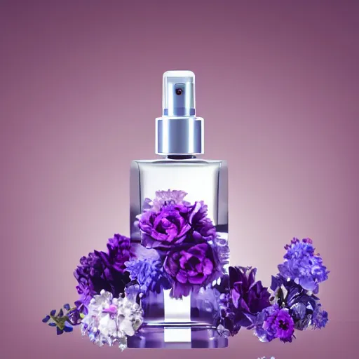 Image similar to perfume bottle surrounded by artistic, blurred blue and lilac flowers, white background, simple path traced, environment, sephora, dior