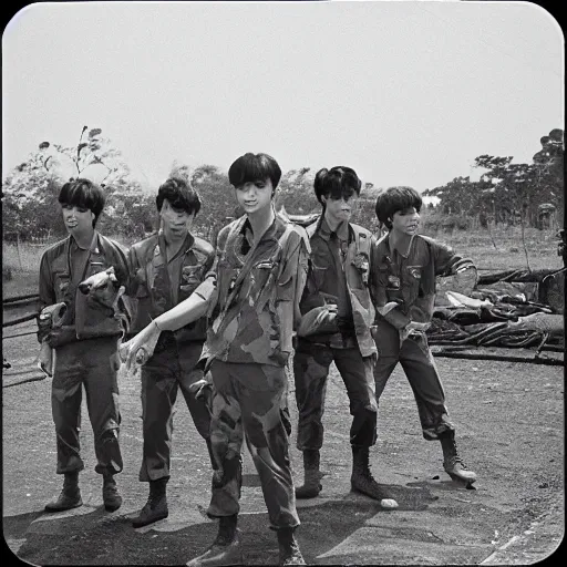 Image similar to BTS boyband fighting in the Vietnam war, historical photo, vintage photo, 1965