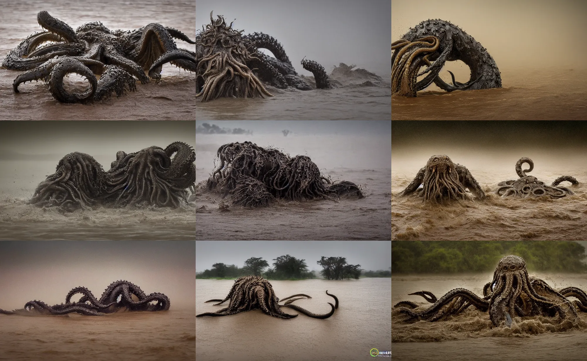 Prompt: nature photography of a kraken emerging from flood waters, african savannah, rainfall, muddy embankment, fog, digital photograph, award winning, 5 0 mm, telephoto lens, national geographic, large eyes