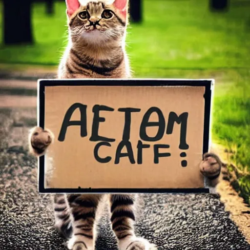 Image similar to realistic perfect cat standing holding up sign saying atom