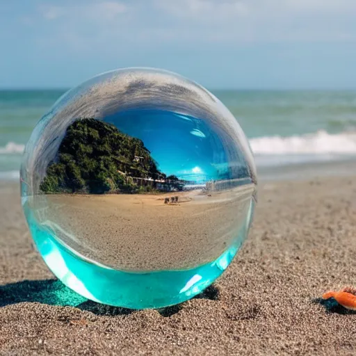 Image similar to a transparent sphere on a beach with a crab looking at it