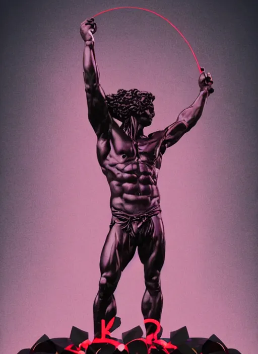 Image similar to black design poster showing a statue of hercules, black background with very subtle red and purple design elements, powerful, nekro, vito acconci, thin straight lines, dark, glitch art, neo vaporwave, gritty, layout frame, square, trending on artstation