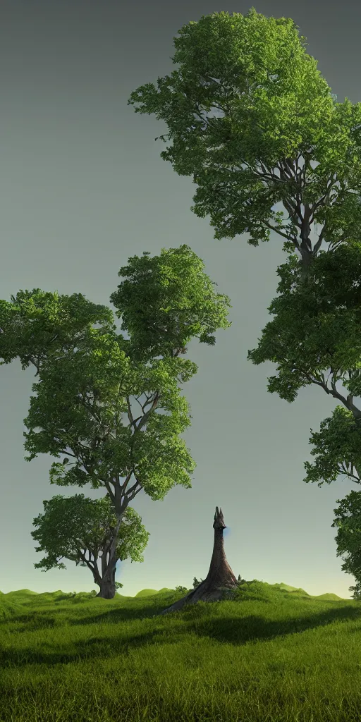 Prompt: the world tree standing tall on a lonely hill, photorealism, sunshaft, low polygon render