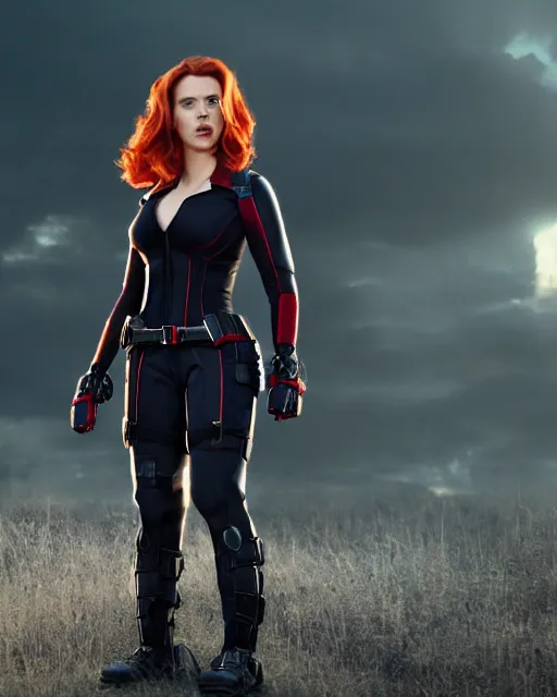 Prompt: film still of beautiful scarlett johansson wearing a fat costume as black widow from 2 0 1 2's the avengers, cinematic lighting, octane render, backlit, rim lighting, 8 k resolution