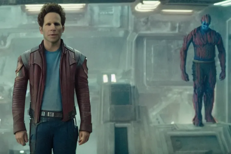 Prompt: glenn howerton as starlord in guardians of the galaxy, cinestill colour, anamorphic