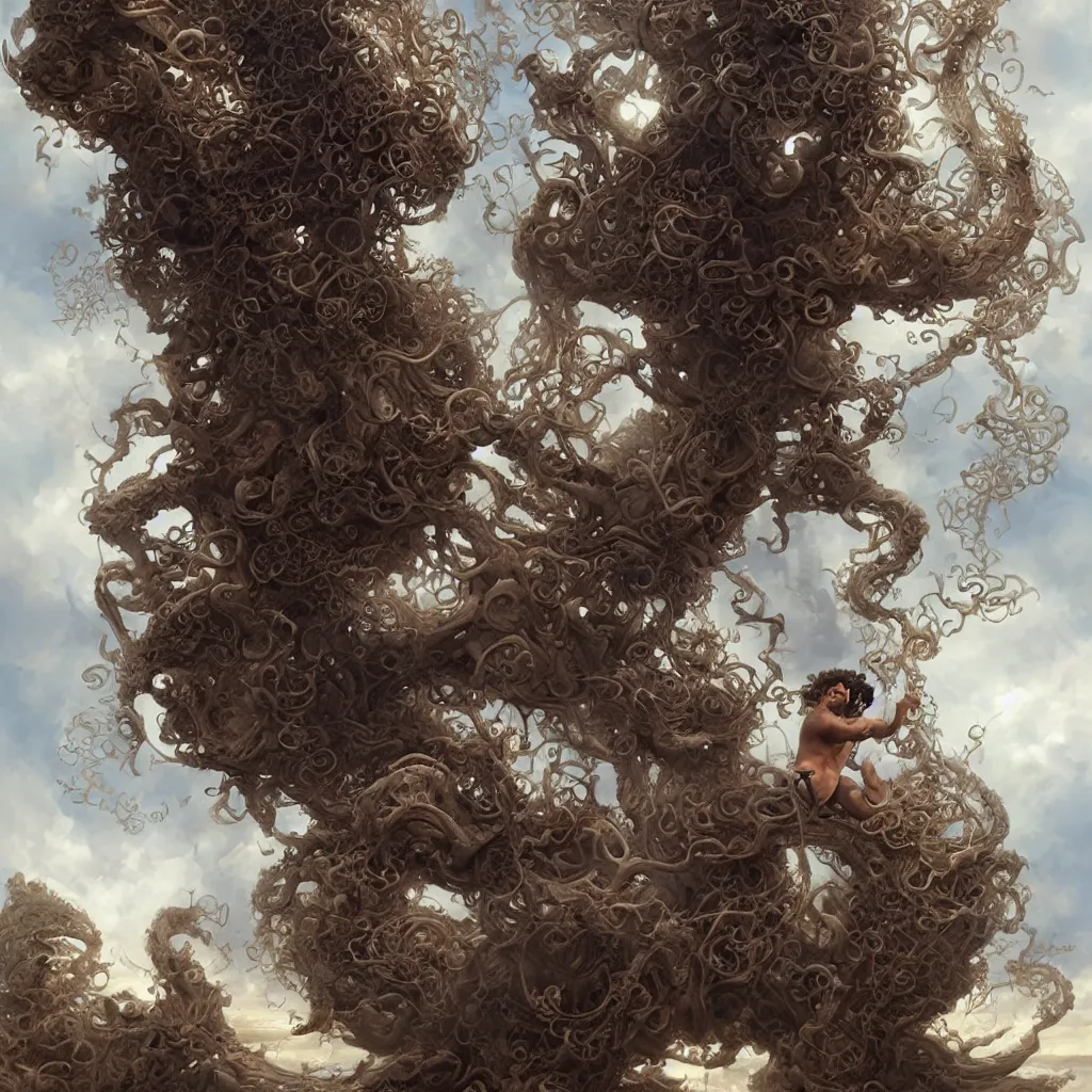 Prompt: a curly - haired persian man constructing a mind piece by piece, artstation, smooth, sharp focus, clean shaped illustration by kim jung gi, tomasz alen kopera, peter mohrbacher, donato giancola, joseph christian leyendecker, wlop, boris vallejo, ric estrada, ron english and eiichiro oda