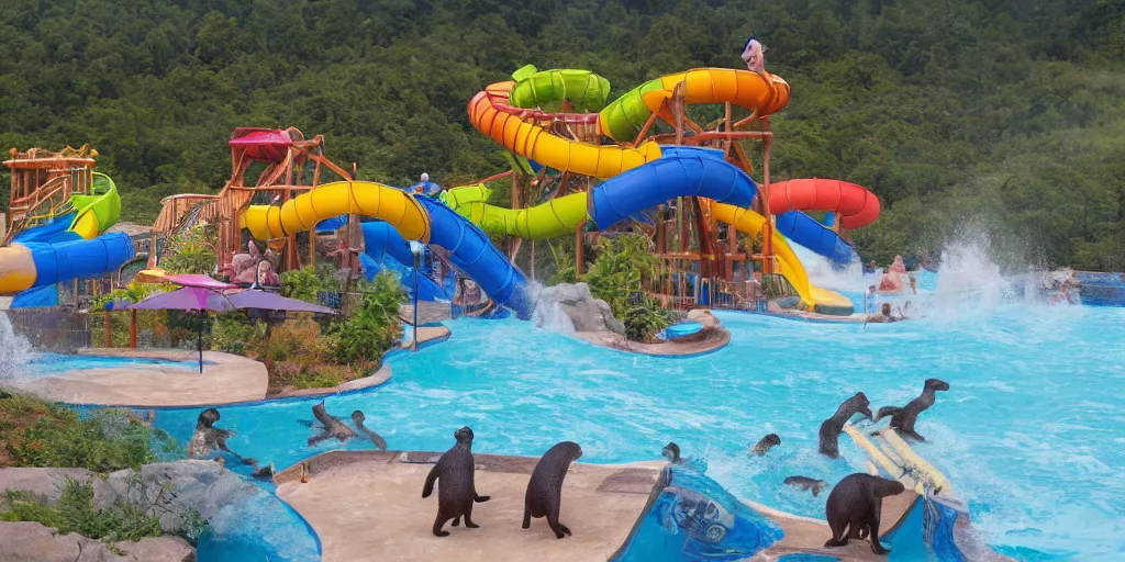 Image similar to elaborate waterslide park in the clouds with otters playing on the slides