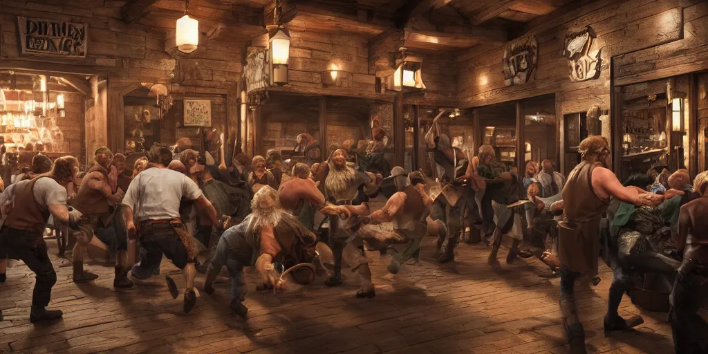 Prompt: a bar fight inside a pub between hobbits and dwarves and elves, 4k, hyperrealism, photorealistic, crisp details, sharp focus, wide angle lens, octane render, caustics