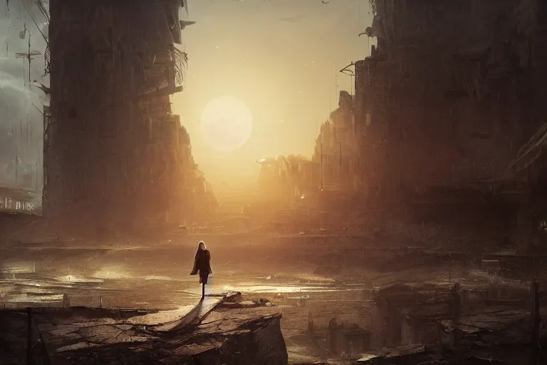 Prompt: a beautiful illustration of a lonely girl against the background of a ruined city and a red moon, artstation, by Frederik Heyman, sophisticated, Unreal engine, dystopia, anti-utopia, post processing, nostalgic melancholic artwork