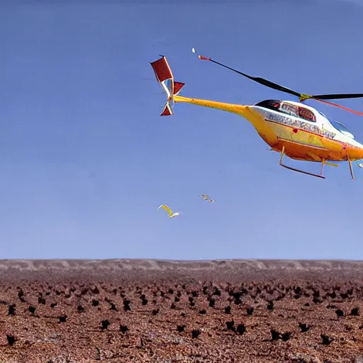 Image similar to realistic photograph of a chicken in a desert with a helicopter, high quality