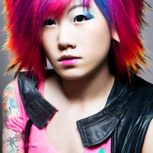 Image similar to Beautiful Japanese punk rock model with rainbow mowhawk hair, Studio portrait,