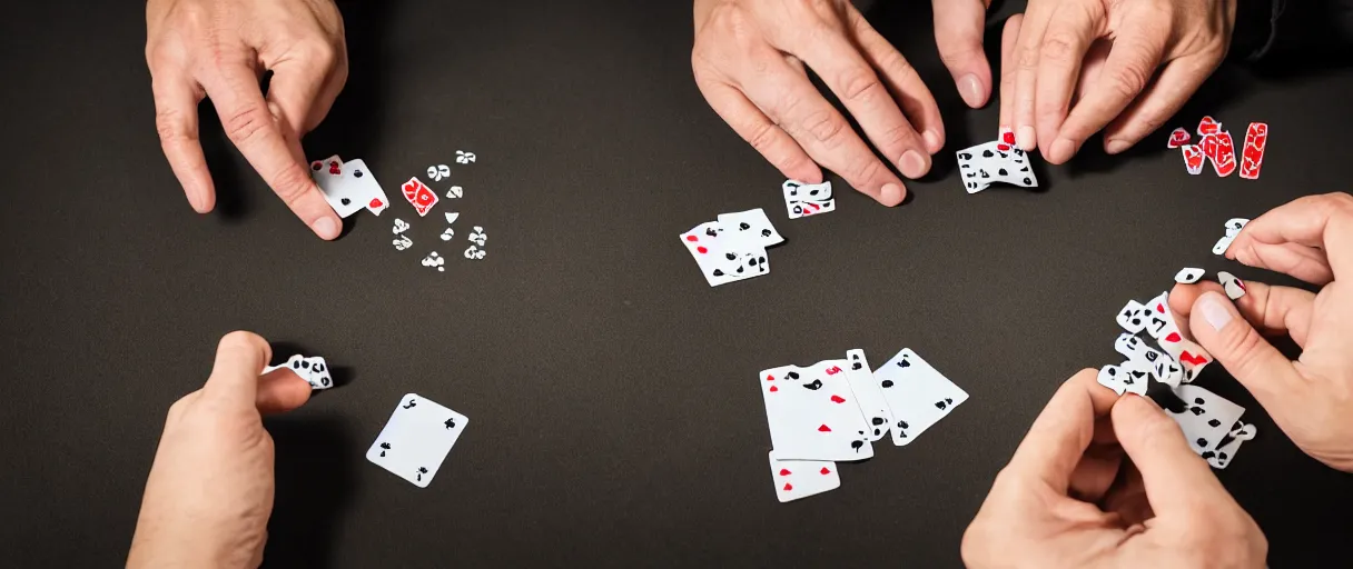 Image similar to a high quality color extreme creepy atmospheric wide dutch angle hd 4 k film 3 5 mm photograph of closeup of hands of caucasian men playing cards, smoking cigarettes with full ashtray on a table