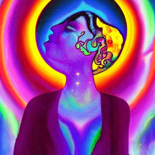 Prompt: a woman astral projecting through a mirror in her dream, vivid colors, high contrast, psychedelic