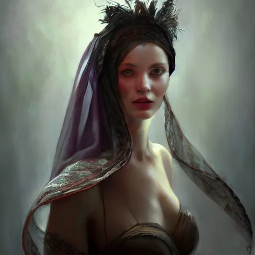 Image similar to a painting of a woman with a veil on her head, a hyperrealistic painting by Raymond Swanland, featured on cgsociety, fantasy art, daz3d, artstation hd, hyper-realistic