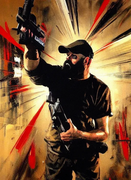 Prompt: keemstar pointing a gun, shooting, muzzle flash, enraged, painting by phil hale, 'action lines'!!!, graphic style, visible brushstrokes, motion blur, blurry