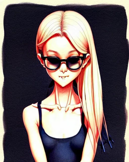 Prompt: overjoyed in anticipation to be sacrificed soon , a young woman with medium length bright blonde hair and tanned skin and slender figure in a black silk tank top and navy blue gym shorts and black-framed glasses, complex artistic color ink pen sketch illustration, subtle detailing, heavenly concept art by Artgerm and Range Murata in collaboration.