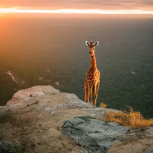 Image similar to professional photograph of an anthropomorphic giraffe wearing a green rain jacket standing on the ledge of a cliff during a sunset, 8k, dslr, cinematic,