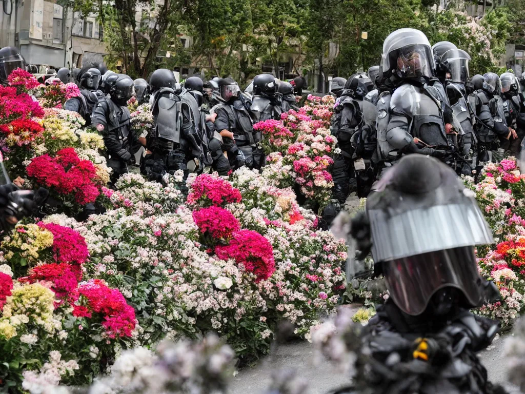 Image similar to riot police covered in flowers