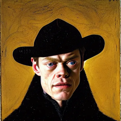 Image similar to portrait of the son of chris hemsworth willem dafoe steve buscemi, dane dehaan, oil painting by jan van eyck, northern renaissance art, oil on canvas, wet - on - wet technique, realistic, expressive emotions, intricate textures, illusionistic detail