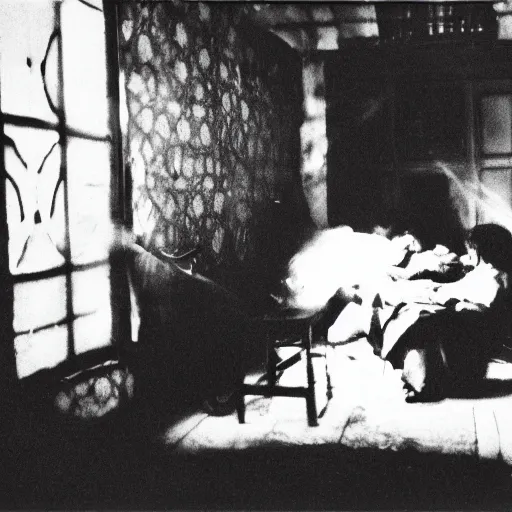 Image similar to opium den, monochrome film,