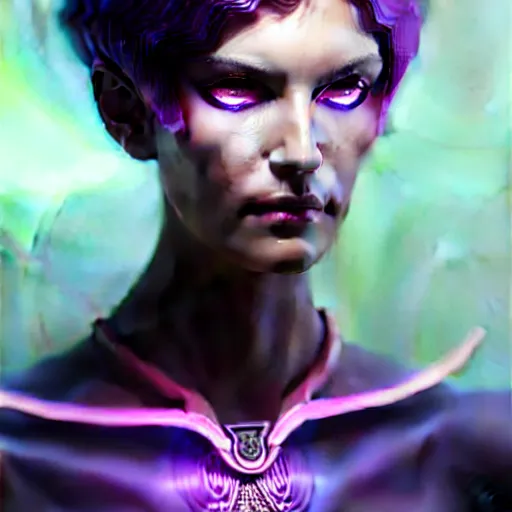 Image similar to woman with extremely large and intricate haircut with angry purple eyes and slim features looking askance, eye cyberpunk bionics, retro futurist style, intricate, elegant gleaming intricate baroque jewelry, angelic halo, highly detailed, digital painting, artstation, concept art, smooth, sharp focus, illustration, art by wlop, mars ravelo and greg rutkowski,