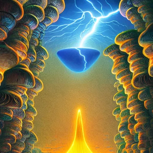 Image similar to lightning mushroom waterfall rave panoramic fantasy rich geometric octane render hyper realism by rob gonsalves, james christensen, alex grey, android jones, lisa frank