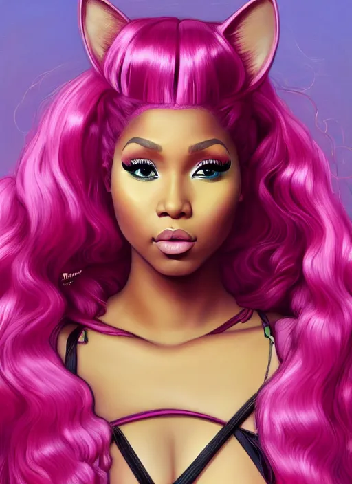 Prompt: nicki minaj in a cat suit with long curly pink hair, path traced, highly detailed, high quality, digital painting, by studio ghibli and alphonse mucha, leesha hannigan, makoto shinkai, disney