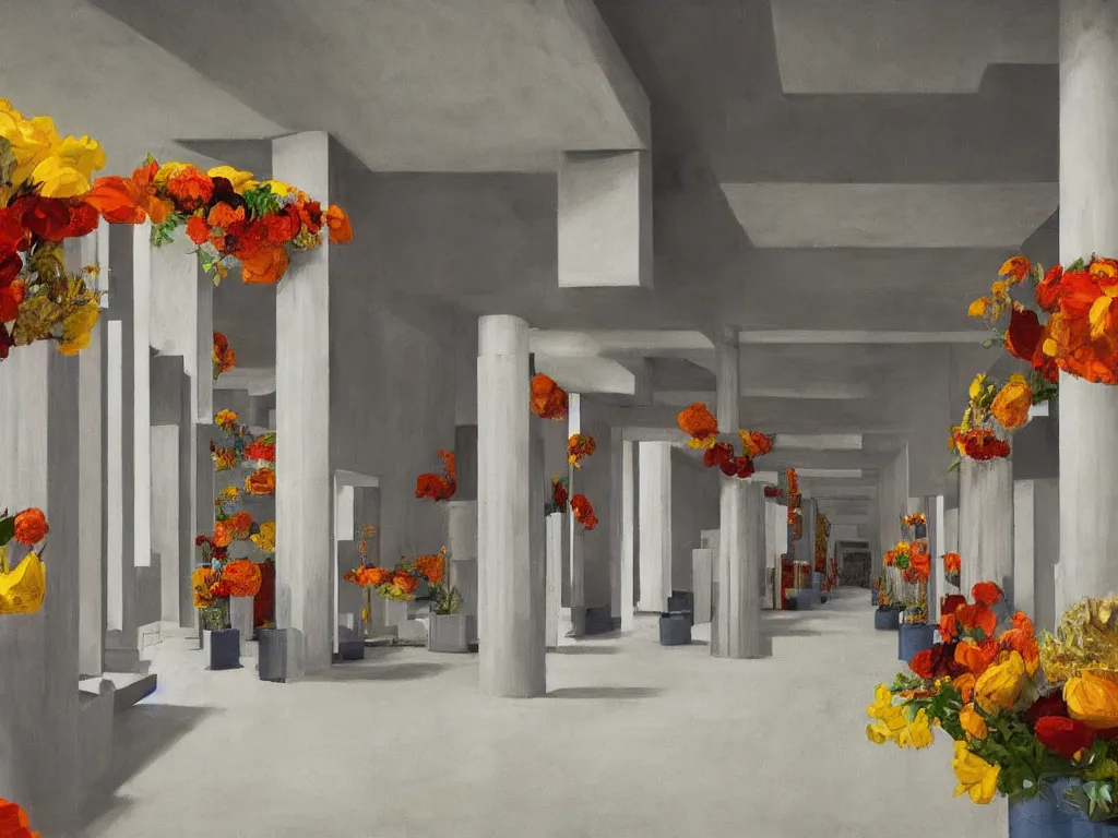 Image similar to colorful minimalist industrial interior hallway with monolithic pillars in the style of ridley scott and stanley kubrick, impossible stijl architecture, bed of flowers on floor, brutalist, ultra wide angle view, realistic detailed painting by edward hopper