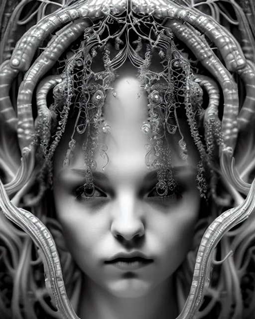 Image similar to mythical dreamy underwater black and white photo of a translucent beautiful young female angelic - medusa - vegetal - doll, highly detailed, intricate crystal ivy jelly ornate, poetic, translucent algae ornate, digital art, octane render, 8 k artistic photography, photo - realistic, hg giger