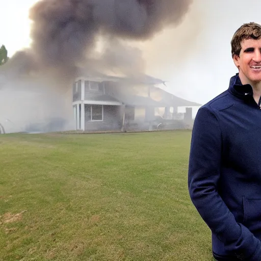 Prompt: a photo of a house burning down in the background and eli manning with an eerie expression in the foreground, strong depth of field