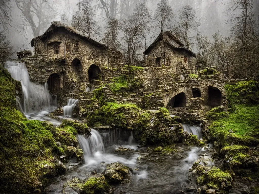 Prompt: medieval hobbit home, ornate, beautiful, atmosphere, vibe, mist, smoke, chimney, rain, wet, pristine, puddles, waterfall, melting, snow, creek, lush, ice, bridge, forest, flowers, james jean