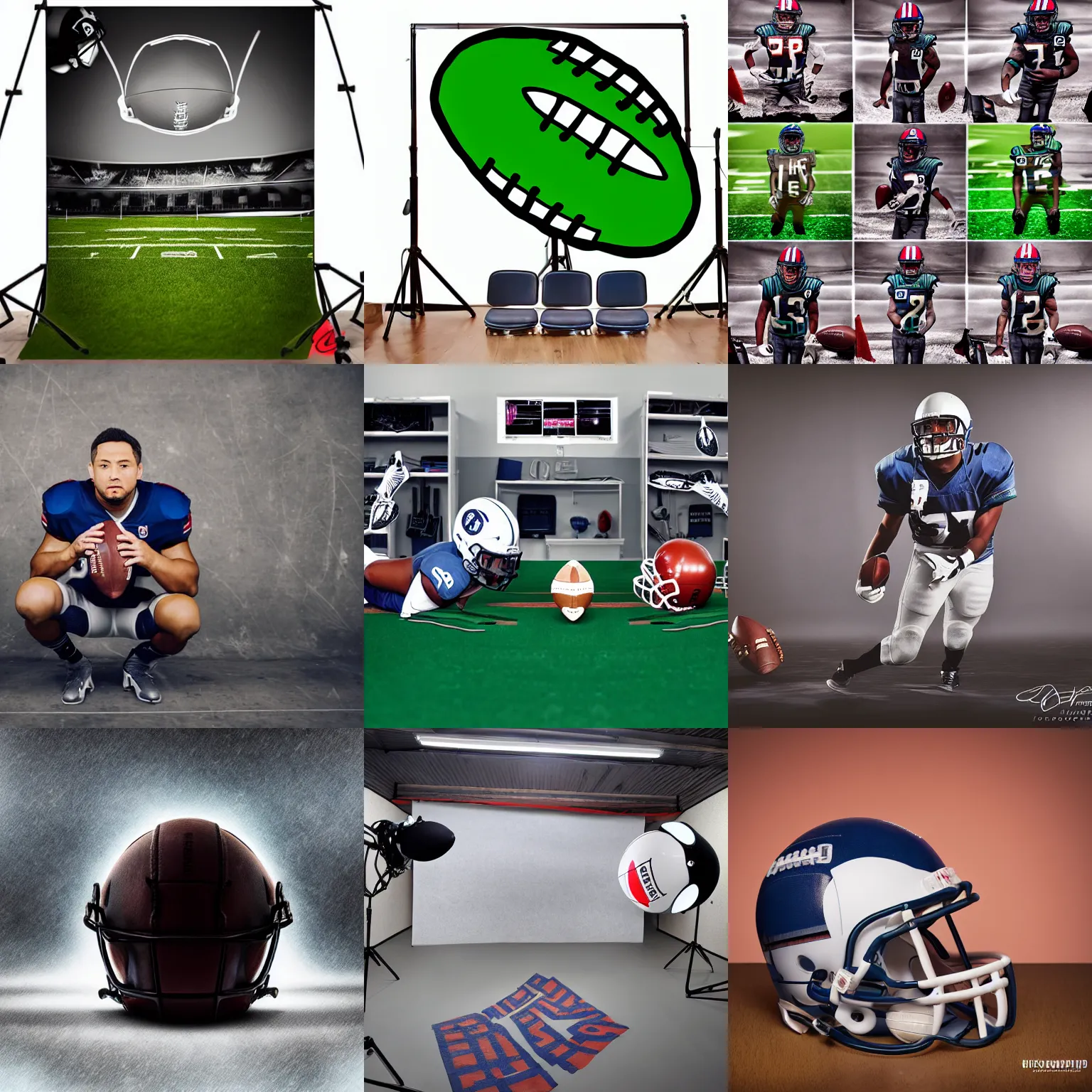 Prompt: 🏈🛸💣, studio photography