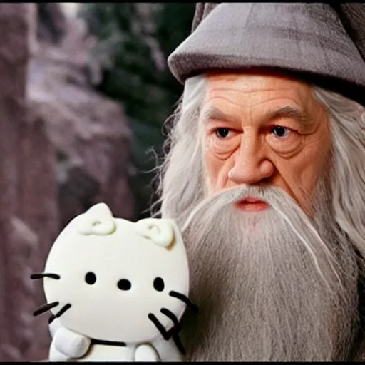 Image similar to gandalf cosplaying Hello Kitty, movie still from the lord of the rings