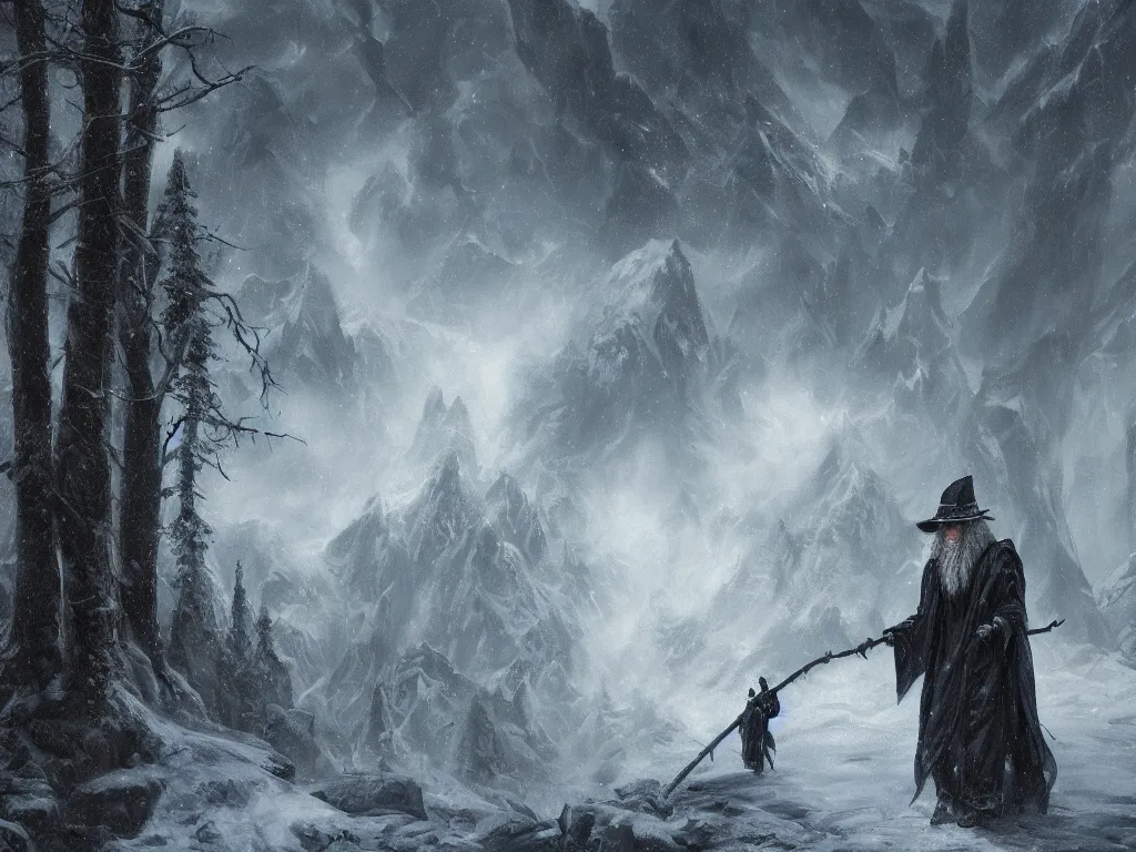 Image similar to a highly detailed rendering of a wizard in flowing robes and brimmed hat with a staff travelling trough a dark forest with a backdrop of snow-capped mountains and stormy clouds, neo-romanticism, wild, highly detailed, digital painting, artstation