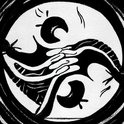 Image similar to a pregnant robot woman giving birth to a yin - yang daoist symbol emerging out of womb, full body black and white drawing