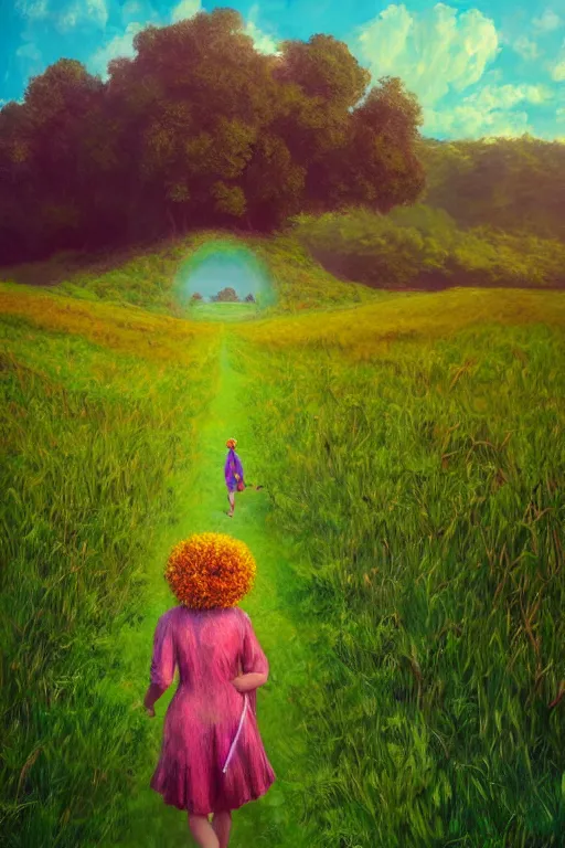 Image similar to giant corn flower head, girl walking in a green valley, surreal photography, sunrise, dramatic light, impressionist painting, colorful clouds, digital painting, artstation, simon stalenhag