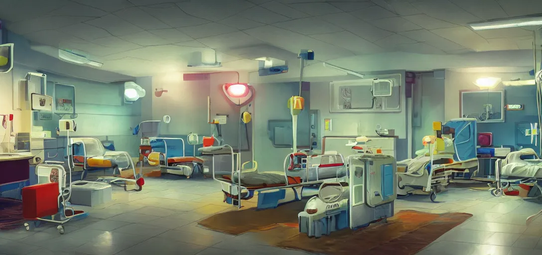 Image similar to retro hospital concept art, colorful, 8 k photorealistic, hd, high details, trending on artstation