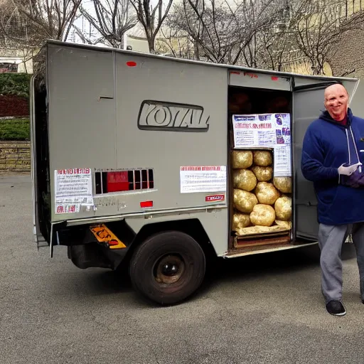 Image similar to mail man driving a mail van filled with potatoes in pittsburgh real life, 8 k, 4 k uhd, realistic, hyper realistic, super detailed, very detailed, detailed