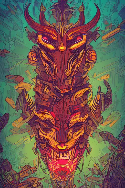 Image similar to totem animal tribal chaman vodoo mask feather gemstone plant wood rock video game illustration vivid color borderlands by josan gonzales and dan mumford radiating a glowing aura