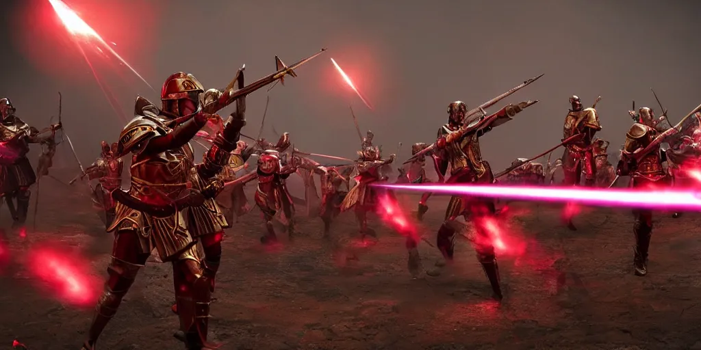 Image similar to futuristic roman army, red and gold with purple lasers, dramatic, cinematic, unreal engine