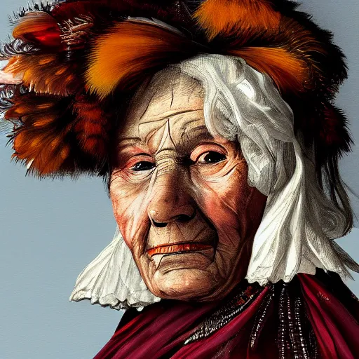 Image similar to portrait headshot digital painting of a old 17th century old lady cyborg merchant, amber jewels clorful feathers baroque ornate clothing