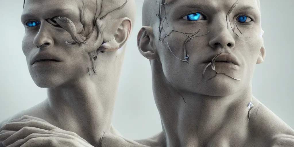 Image similar to hyper realistic photography of a stunningly beautiful cyborg male, intimately holding close, prometheus, in the style of beth cavener, jin kagetsu, and wlop, highly detailed, intricate filigree, symmetry, masterpiece, award winning, sharp focus, concept art, highkey lighting, ambient lighting, octane render, 8 k, artstation