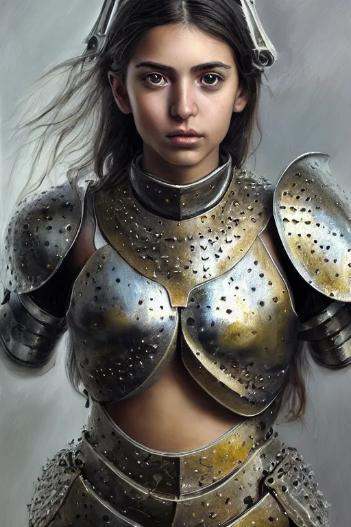 Image similar to a photorealistically painted portrait of an attractive young girl, partially clothed in metal-plated battle armor, with an abstractly painted background, flawless olive skin, fair complexion, long dark hair, beautiful bone structure, perfectly symmetric facial features, perfect photorealistic eyes, natural physique, intricate, elegant, digital painting, concept art, finely detailed, beautifully illustrated, sharp focus, minimal artifacts, volumetric lighting, from DOOM and Halo, by Ruan Jia and Mandy Jurgens and Artgerm and William-Adolphe Bouguerea, in the style of Greg Rutkowski, trending on Artstation, award winning art