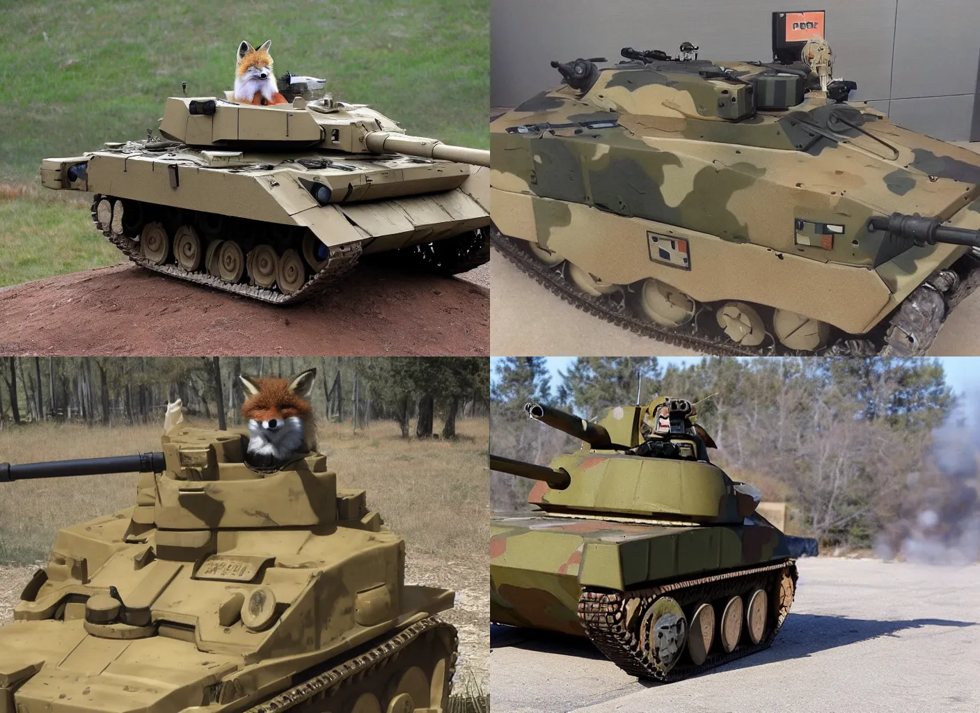 Prompt: fox as furry tank, military experiment